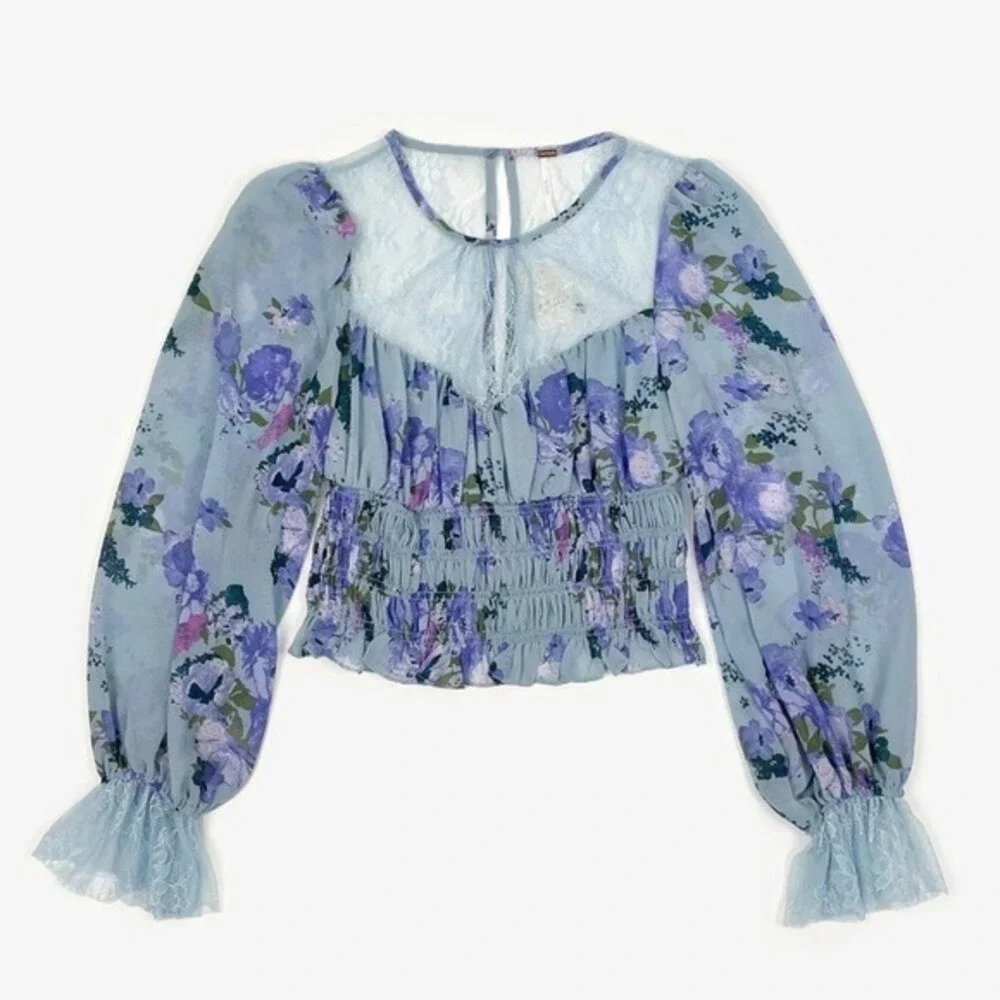 Free People Daphne Blouse Size S Blue Floral Lace Boho Cottage Girlcore Romantic